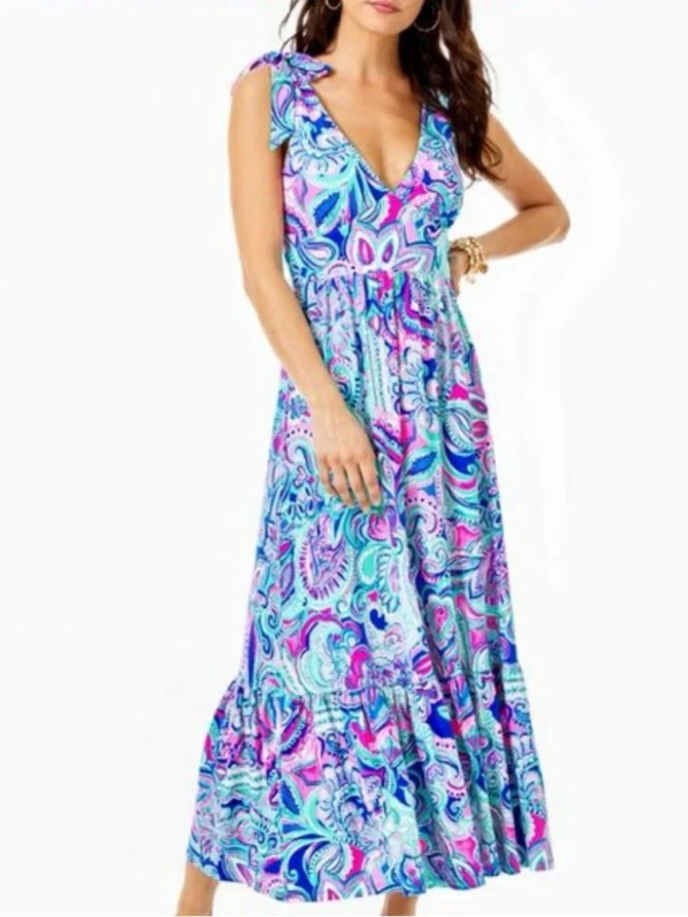 Lilly Pulitzer Maxine Midi/Maxi Dress Prosecco Pink Print Deep V Neck 12